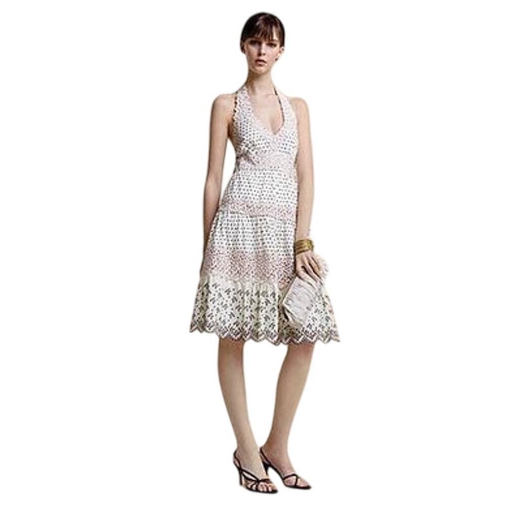 Y2K Halter Lace Embroidered Midi Dress Size 4 Ivory Beige Boho Scalloped Hem